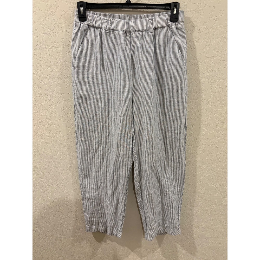 Quince 100% Linen Striped Pants Blue White Elastic Waist Cropped Trousers M